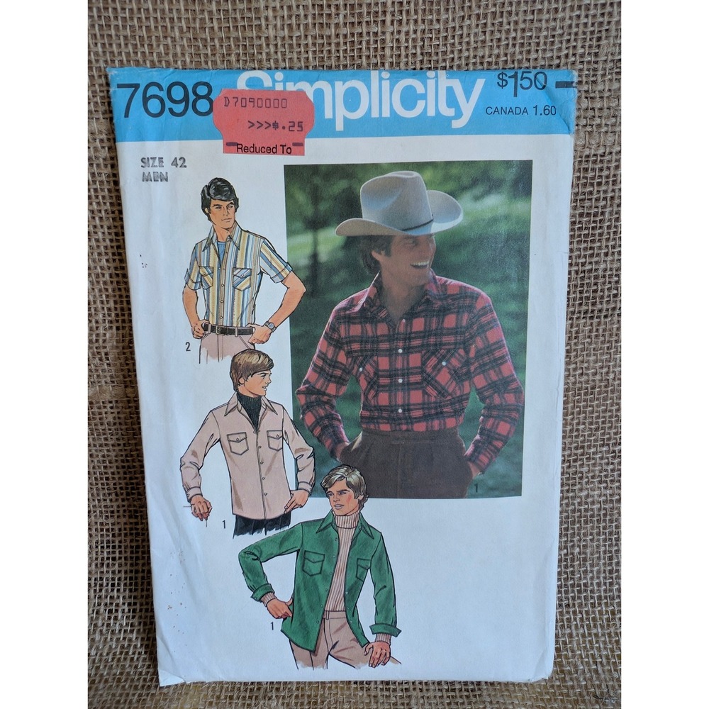 Vintage 1976 Simplicity 7698 Mens Western Pearl Snap Shirt Sewing Pattern Sz 42
